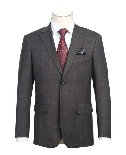 The Alessandro Vitello by Renoir New Slim Fit Suit 293-47 includes a gray plaid jacket with a notch lapel, complemented by a white shirt, red polka dot tie, and a pocket square. The side-vented design of the jacket blends effortlessly with flat front pants to achieve a sleek and polished appearance.