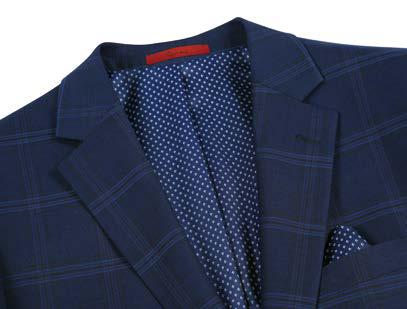 The Alessandro Vitello by Renoir Classic Fit Suit 293-41, featuring a navy checkered jacket with a notch lapel, is perfectly styled over a white shirt. Complement this ensemble with a red polka dot tie and a patterned pocket square. Complete the polished look with flat front pants.