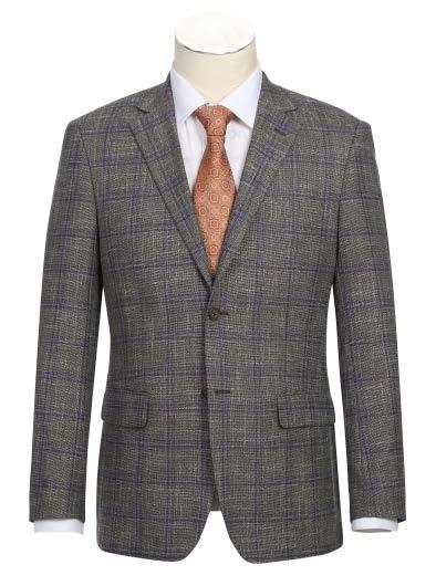 The Alessandro Vitello by Renoir New Slim Fit Sport Coat 294-29, featuring a sophisticated gray plaid pattern and crafted from polyester with a refined notch lapel, is paired with a crisp white shirt and an orange patterned tie. The side-vented design of this Renoir sport coat adds an elegant touch to the ensemble displayed on the mannequin.