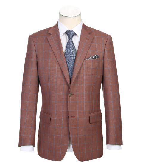 A mannequin showcases a refined look with the Alessandro Vitello by Renoir Classic Fit Sport Coat 565-5, crafted in a brown plaid wool fabric and featuring a notch lapel. This elegant ensemble is enhanced by the pairing of a white shirt, blue patterned tie, and pocket square, highlighted by the sport coat's 2B side-vented design.