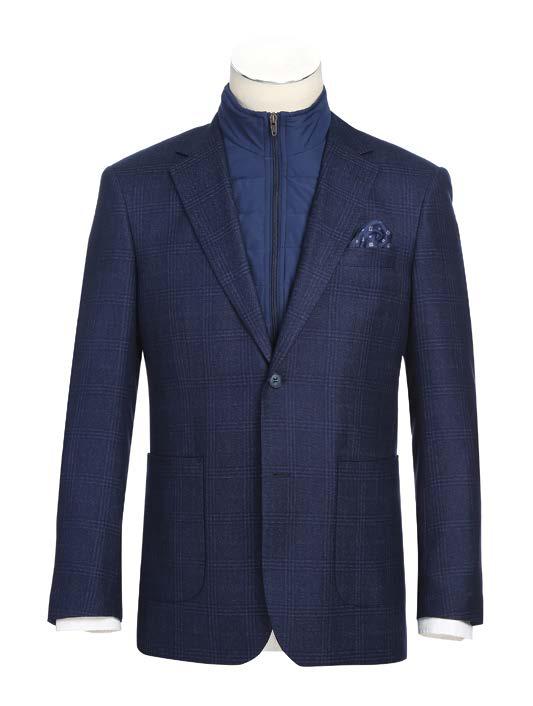 The Alessandro Vitello by Renoir New Slim Fit Sport Coat 294-41 combines a navy blue color with a subtle checkered pattern. It features a contrasting blue quilted inner layer and includes a pocket square. Expertly crafted from a refined blend of polyester and rayon, this sophisticated sport coat is side-vented for enhanced comfort and mobility.