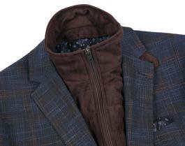 The Renoir Alessandro Vitello Classic Fit Sport Coat 294-33 showcases a stylish blue plaid design crafted from polyester, complemented by a brown zippered vest underneath, all elegantly displayed on a side-vented mannequin.