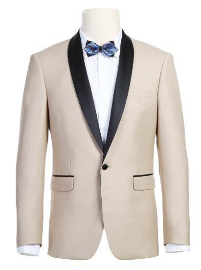 The Alessandro Vitello by Renoir 2-Piece Slim Fit Tuxedo Suit 201-3 is displayed on a mannequin, showcasing a beige tuxedo with a satin shawl lapel and a blue patterned bow tie, complemented by the 1B side-vented jacket and flat front pants for a sleek appearance.