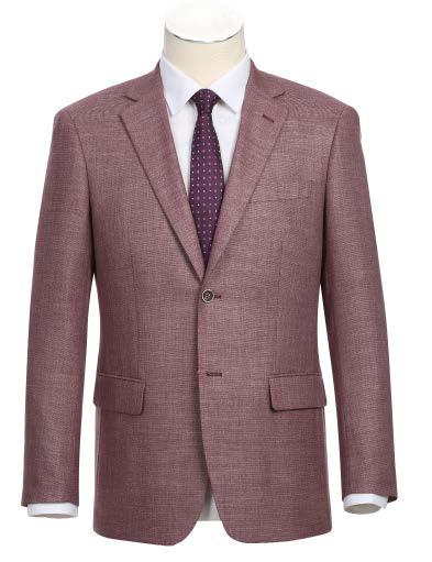 The Alessandro Vitello by Renoir New Slim Fit Sport Coat 294-25, a sleek mauve men's suit jacket featuring a single button and notch lapel, crafted from polyester, is paired with a white shirt and a purple polka dot tie.