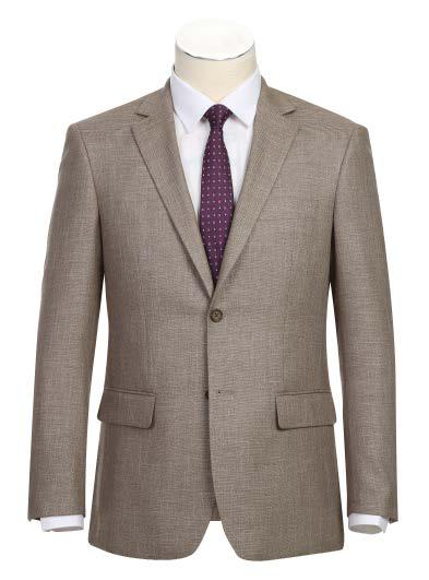 Displayed elegantly on a mannequin, the Alessandro Vitello by Renoir New Slim Fit Sport Coat 294-28, featuring a refined notch lapel and side-vented design in tan, is paired seamlessly with a crisp white dress shirt and a purple tie adorned with small white dots.