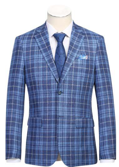 The Alessandro Vitello by Renoir New Slim Fit Sport Coat 610-10, featuring a blue plaid pattern with a classic notch lapel and side-vented design, is showcased on a mannequin. It is stylishly paired with a crisp white shirt and a coordinating blue tie from the Renoir collection.