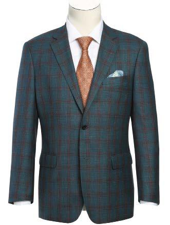 A mannequin features the Alessandro Vitello by Renoir Classic Fit Sport Coat 563-5, a teal plaid wool jacket with a notch lapel. It is paired with a white shirt, an orange patterned tie, and a light blue pocket square.