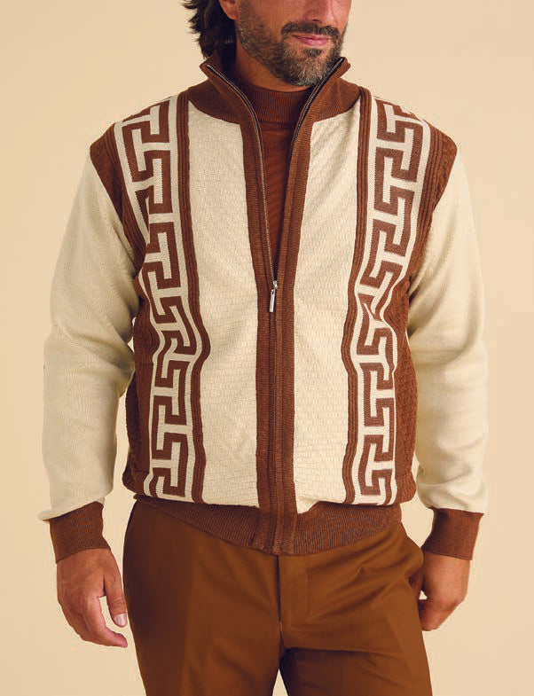 A man stands with his hands by his sides, dressed in the Inserch Grecian Full Zip Sweater SW611-15 Stone, a brown and cream sweater adorned with a Grecian pattern, paired with matching pants.