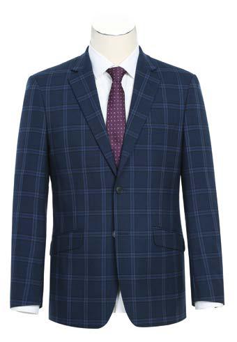 Mannequin showcasing the Alessandro Vitello by Renoir Slim Fit Suit 293-22 in a blue plaid design, featuring a sophisticated notch lapel and paired with a crisp white dress shirt and a purple polka dot tie. The ensemble is elegantly completed with side-vented detailing for an added touch of sophistication.