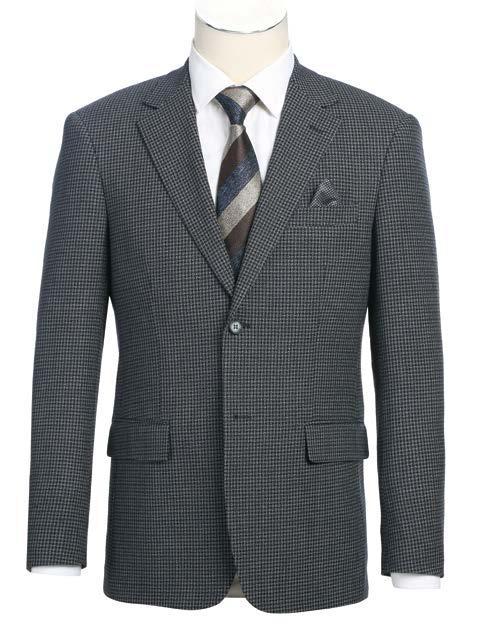 A mannequin is elegantly dressed in the Alessandro Vitello by Renoir New Slim Fit Sport Coat 294-38, featuring a gray checkered design with a classic notch lapel. Complemented by a white dress shirt and striped tie, the sport coat's side-vented design adds sophistication to its polyester blend ensemble.