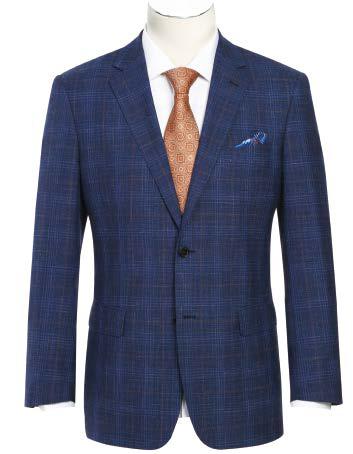 A mannequin showcases the Alessandro Vitello by Renoir Classic Fit Sport Coat 563-4, a blue checkered suit jacket made from fine wool. It features a classic notch lapel and is paired with a crisp white shirt and an orange patterned tie.