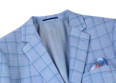 An Alessandro Vitello by Renoir Classic Fit Wool Sport Coat 565-1 features a blue checkered design with a notch lapel and pairs elegantly with a white shirt and patterned tie. The ensemble is completed by a blue pocket square tucked neatly in the jacket's breast pocket.