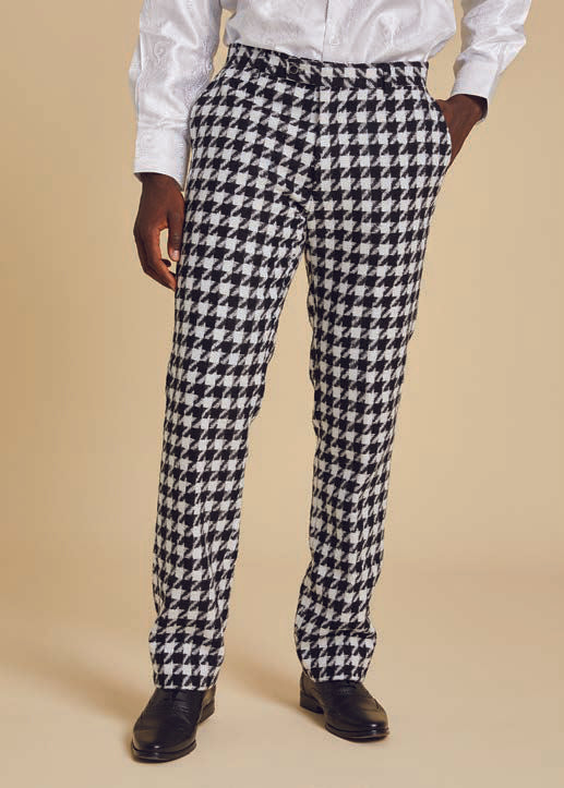 A person wearing the Inserch Wool Blend Houndstooth Suit JS264-41 in Black/White, featuring a 2-way zipper jacket and regular fit pants, stands against a neutral background.