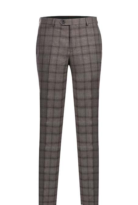 The ALESSANDRO VITELLO New Slim Fit DB Suit 565-7 by Alessandro Vitello in a gray plaid pattern features peak lapels and is elegantly showcased on a mannequin, paired with a red tie and an orange pocket square.