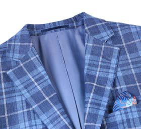 The Alessandro Vitello by Renoir New Slim Fit Sport Coat 610-10, featuring a blue plaid pattern with a classic notch lapel and side-vented design, is showcased on a mannequin. It is stylishly paired with a crisp white shirt and a coordinating blue tie from the Renoir collection.