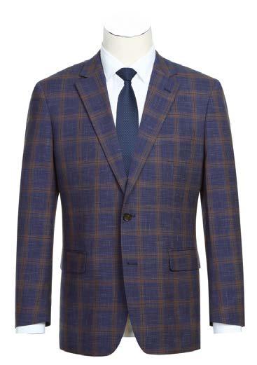 A mannequin is dressed in the Alessandro Vitello by Renoir Classic Fit Sport Coat 294-18, showcasing a trendy blue and brown plaid pattern with a notch lapel design. It's paired beautifully with a white shirt and navy tie. The polyester fabric delivers a sleek finish, while the side vents enhance its sophisticated style.