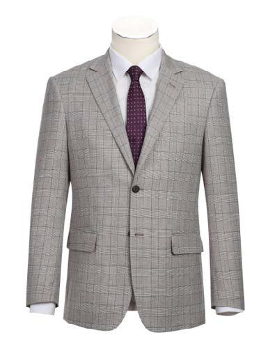 The mannequin is elegantly dressed in the Alessandro Vitello by Renoir 2-Piece New Slim Fit Suit 293-37, featuring a gray plaid jacket with a side-vented notch lapel. Paired with a white dress shirt and a purple polka dot tie, it embodies the perfect blend of style and comfort.