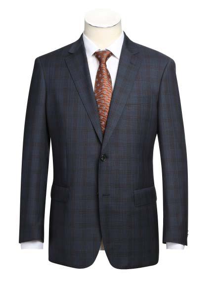 A dark plaid Alessandro Vitello by Renoir 2-piece Classic Fit Wool Suit (model 566-3) jacket with a notch lapel is displayed elegantly on a mannequin, layered over a crisp white shirt and paired with an orange patterned tie.