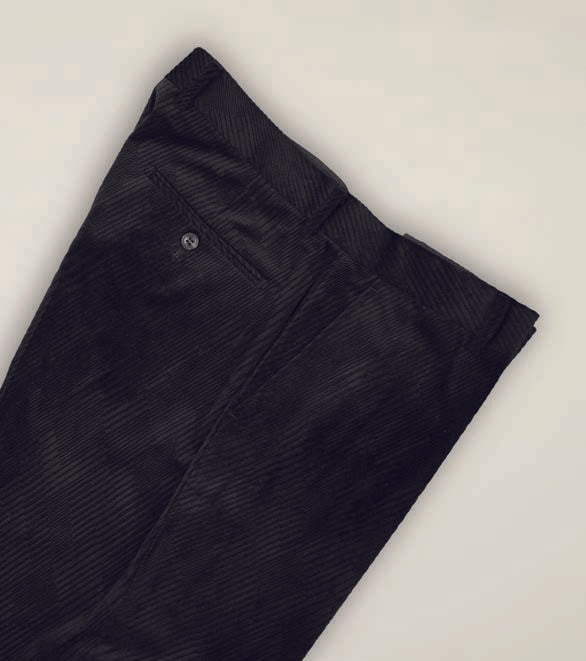 Inserch Velvet Diagonal Pants P275-01 Black, featuring a modern fit and buttoned back pocket, displayed on a neutral background.