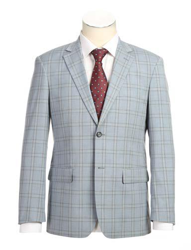 The Alessandro Vitello by Renoir 2-Piece New Slim Fit Suit in a light gray plaid, featuring a notch lapel, pairs perfectly with a crisp white dress shirt and a red patterned tie.