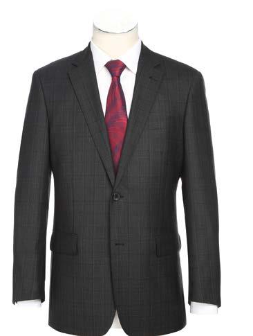 Discover the ALESSANDRO VITELLO Classic Fit Suit 566-9, an elegant dark gray suit jacket from the renowned brand Alessandro Vitello. It showcases a refined check pattern and is meticulously crafted from a luxurious wool blend. The jacket features a classic notch lapel, offering the perfect complement to a white shirt and red tie for a sophisticated ensemble.