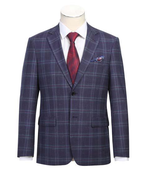 The Alessandro Vitello by Renoir, product code 565-6, in navy blue plaid with a notch lapel elegantly drapes on the mannequin when paired with a light shirt and red tie. Crafted from fine wool by Renoir, this side-vented slim fit sport coat adds a touch of sophistication.