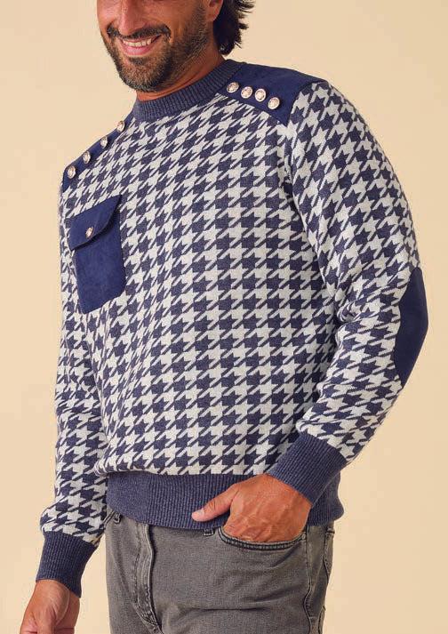 A man wearing the Inserch Houndstooth Crew Neck Sweater SW002-11 Navy Blue, designed with military-inspired details, including button accents on the shoulders and a chest pocket highlighted with faux suede. Made from a comfortable cotton blend, this sweater seamlessly merges style with functionality.