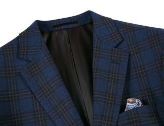 An ALESSANDRO VITELLO Classic Fit Wool Sport Coat 565-10 by Alessandro Vitello, featuring a blue plaid 100% wool suit jacket with a notch lapel, elegantly displayed with a white shirt, red tie, and patterned pocket square on a 2B side-vented mannequin.