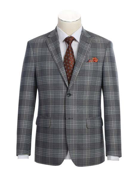 The Alessandro Vitello by Renoir New Slim Fit Sport Coat 565-3, featuring a checked gray design with side vents and notched lapels, pairs elegantly with a white shirt, a brown patterned tie, and an orange pocket square.