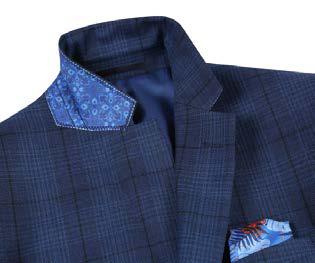 The Alessandro Vitello by Renoir Slim Fit Sport Coat 565-4, featuring a side-vented design in blue plaid wool, drapes elegantly over a white shirt and striped tie on the mannequin.