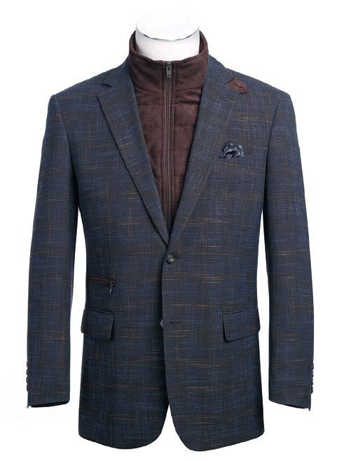 The Renoir Alessandro Vitello Classic Fit Sport Coat 294-33 showcases a stylish blue plaid design crafted from polyester, complemented by a brown zippered vest underneath, all elegantly displayed on a side-vented mannequin.