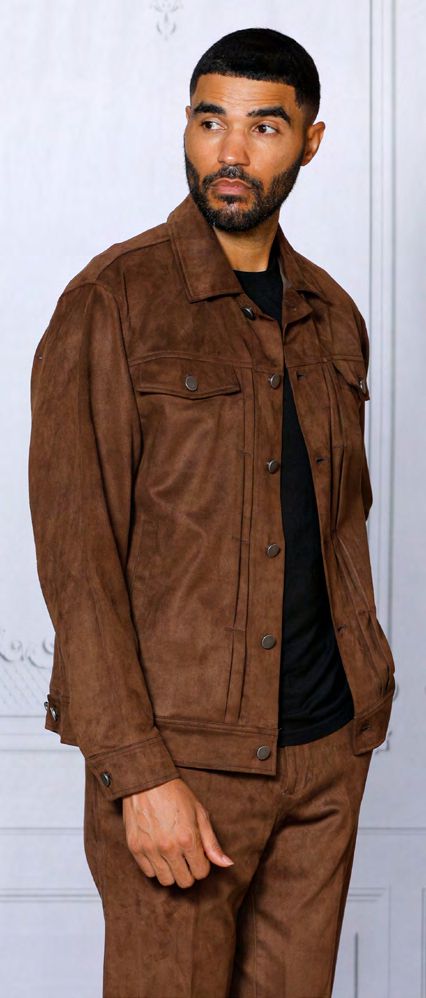 A man wearing the INSOMNIA ROMEO 2PC Brown Vegan Suede Leisure Suit from Insomnia glances to the side, set against a light-colored background.