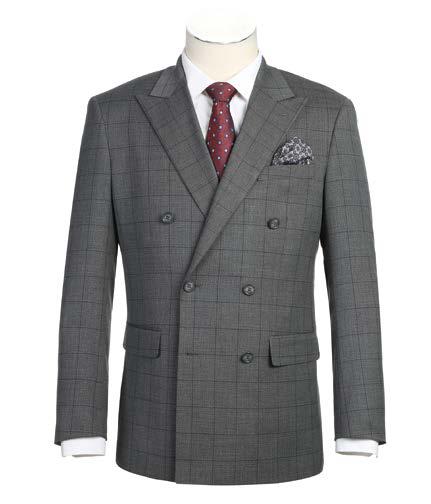 The mannequin is dressed in the Alessandro Vitello by Renoir New Slim Fit Double Breasted Suit 293-44, showcasing a stylish gray plaid design. It is complemented by a crisp white shirt, a red polka dot tie, and a patterned pocket square. The ensemble includes side vented jackets and sophisticated flap pockets, elegantly paired with flat front pants.