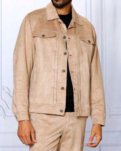 A person wearing the Insomnia Romeo 2PC Tan Vegan Suede Leisure Suit poses against a neutral background.