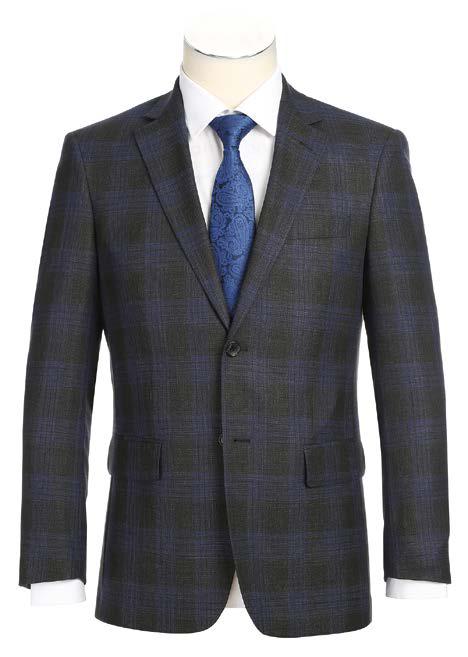 A mannequin dressed in an Alessandro Vitello New Slim Fit Sport Coat 565-12 featuring a wool, dark plaid design with a notch lapel and 2B side vents, paired with a crisp white shirt and a blue patterned tie.