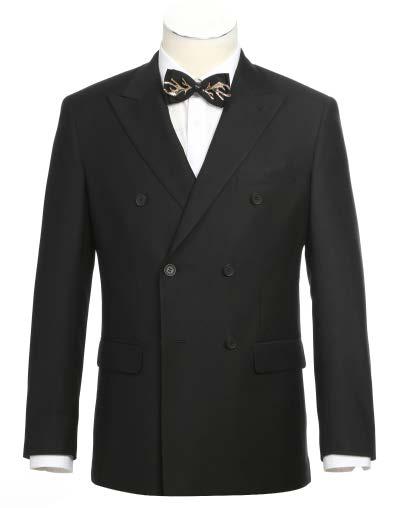 An Alessandro Vitello by Renoir 2-Piece Slim Fit Double Breasted Suit 201-1 in black, complete with side vented tailoring and sleek flap pockets, adorns the mannequin alongside a patterned bow tie.