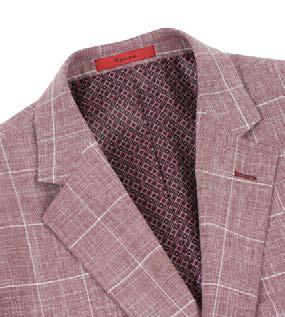 A mannequin is dressed in an Alessandro Vitello by Renoir Classic Fit Sport Coat 294-31, featuring a red checkered design with a notch lapel and side vents, complemented by a white shirt and a purple tie.