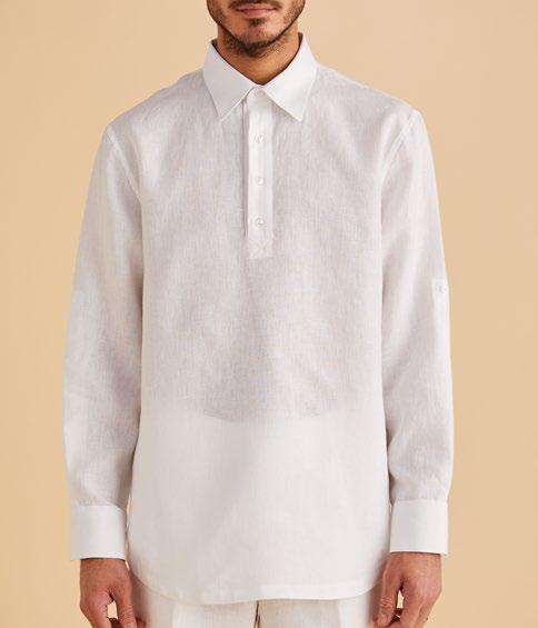 A person wearing an Inserch LS Linen Pull Over Shirt in a modern fit style is standing against a beige background. Their face is not visible.