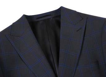 An Alessandro Vitello black plaid suit jacket, part of the ALESSANDRO VITELLO New Slim Fit Wool Suit 566-8, featuring a notch lapel and side-vented design, paired with a white shirt and blue striped tie on a mannequin.