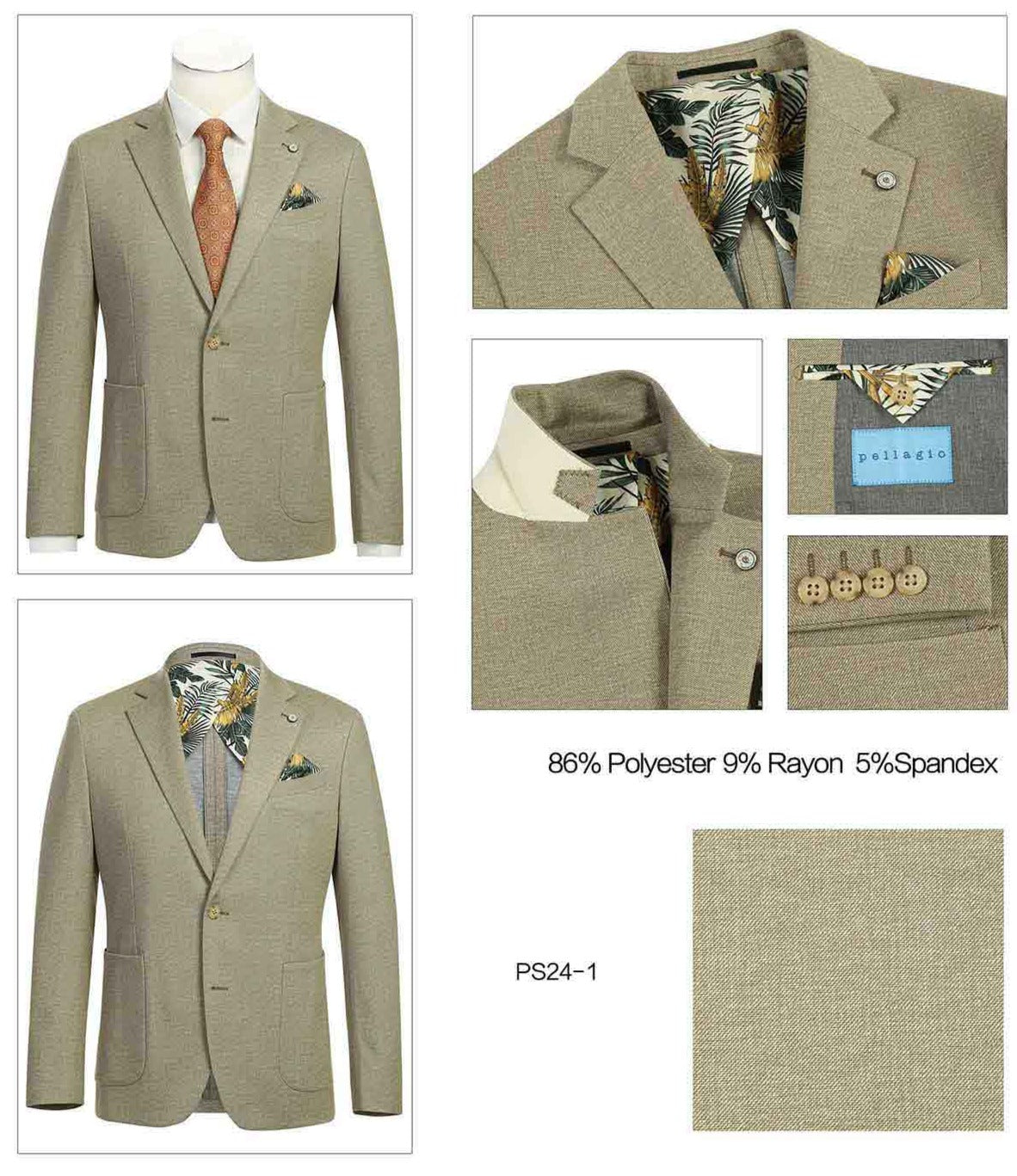 A slim fit, single-breasted Pellagio Beige Men's Half Canvas Blazer PS24-1 paired with a white dress shirt and an orange patterned tie. A pocket square is neatly tucked in the left breast pocket, highlighting its refined half canvas construction.