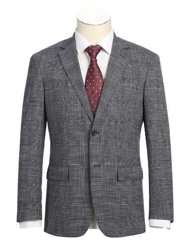 On a mannequin stands the Alessandro Vitello by Renoir 2-Piece New Slim Fit Suit 293-39, featuring a gray checkered suit jacket with a notch lapel. It is paired with a white shirt and a red tie embellished with small blue and white dots. The side-vented ensemble provides sleek sophistication for any occasion.