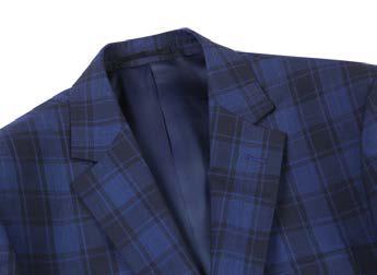 A mannequin showcases the Alessandro Vitello by Renoir 2-Piece New Slim Fit Suit 566-1, featuring a blue plaid suit jacket with a notch lapel, complemented by a matching tie and white dress shirt, all flawlessly paired with flat front pants for an impeccable look.