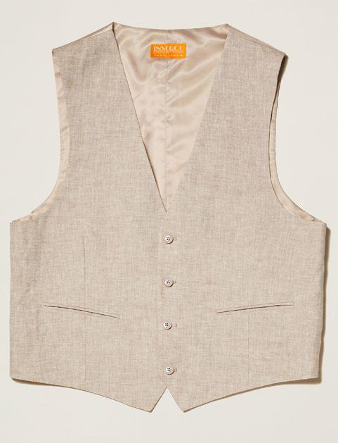 The Inserch Classic Linen Vest V66010, available in three colors, is a classic four-button vest made from premium linen. It features two front pockets and an adjustable belt, elegantly displayed on a light background.