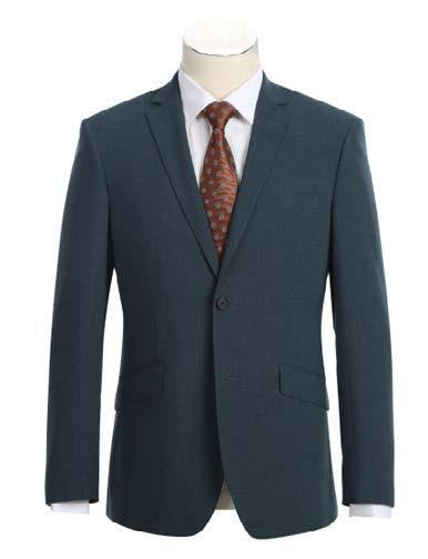 An Alessandro Vitello by Renoir 2-Piece Slim Fit Suit in dark green is elegantly displayed on a mannequin. Featuring a notch lapel and side-vented jacket, it is paired perfectly with flat front pants and a crisp white shirt with a brown patterned tie for a timeless look.