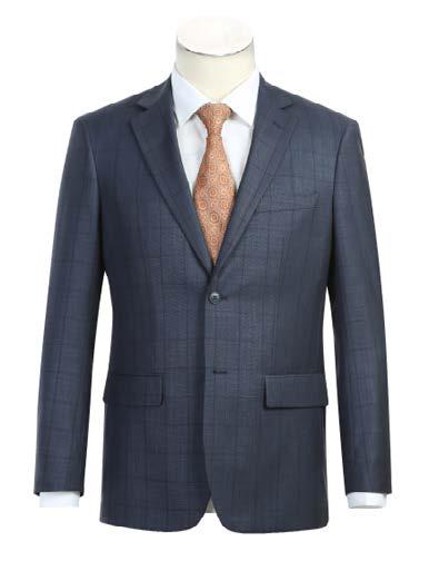 An Alessandro Vitello by Renoir slim fit suit in dark gray, featuring a two-button jacket with a subtle plaid pattern and notch lapel, is displayed on a mannequin along with a white dress shirt and an orange patterned tie.