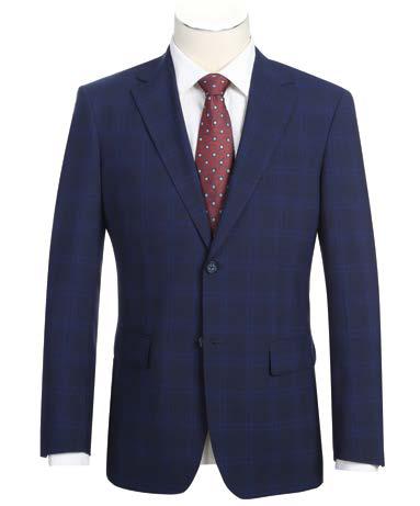 A mannequin elegantly displays the ALESSANDRO VITELLO New Slim Fit Suit 566-7, featuring a blue plaid jacket with a notch lapel, paired with a crisp white dress shirt and a red polka dot tie.