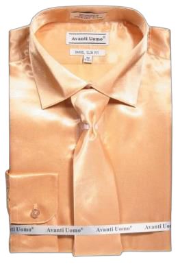 The AVANTI UOMO SATIN SLIM FIT W/ TIE DNS06 TAUPE, a folded, shiny, taupe-colored satin dress shirt complete with a matching tie and cufflinks, exudes elegance and sophistication.