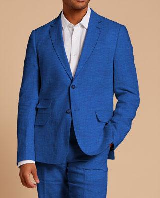 A person wearing the Inserch Slim Linen Suit SU880-00181 in River Blue, paired with a white shirt, stands against a neutral background.