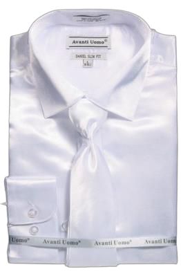 AVANTI UOMO's DNS06 white satin slim fit dress shirt, complete with a matching tie, folded neatly.