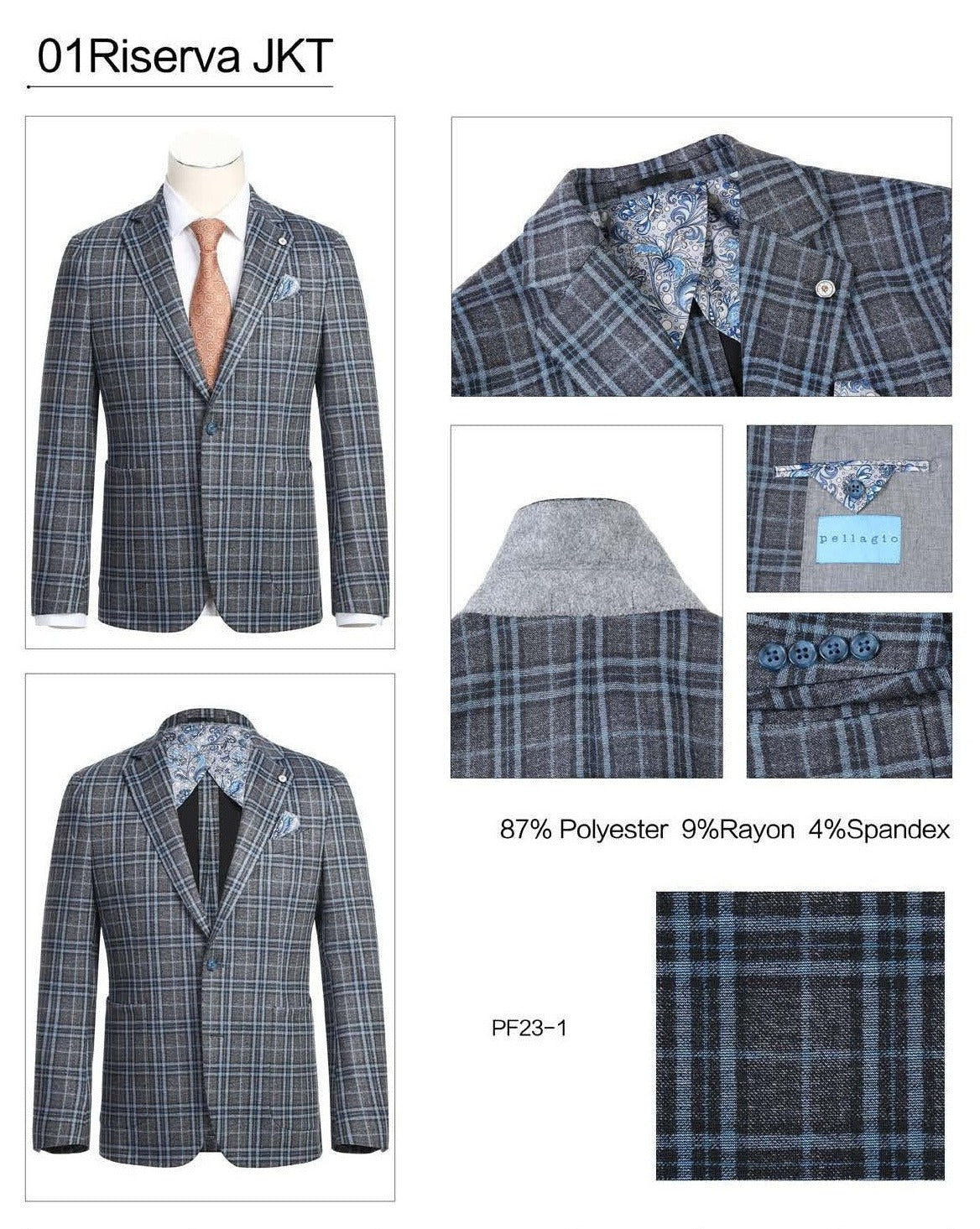 On display is the Pellagio Men's Half Canvas Gray Blue Blazer PF23-1, tailored in a slim-fit with a striking blue, white, and gray checkered pattern. It features a single-breasted design and notched lapel, perfectly complemented by a crisp white shirt and an orange patterned tie for an effortlessly sleek look.